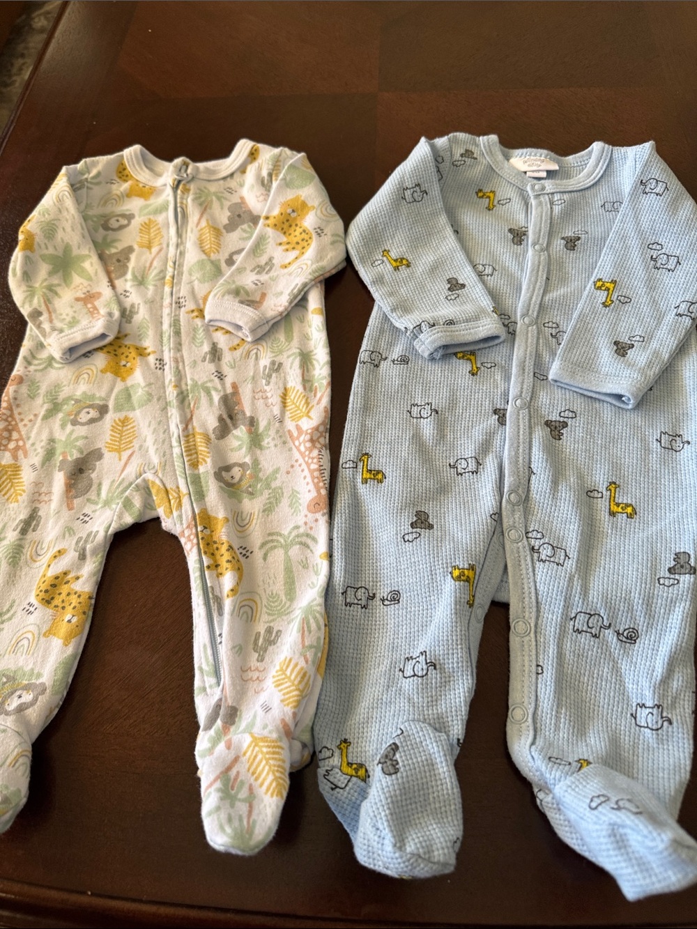 Infant Blue & Cream Footed One-Piece Sleepers - Animal Print